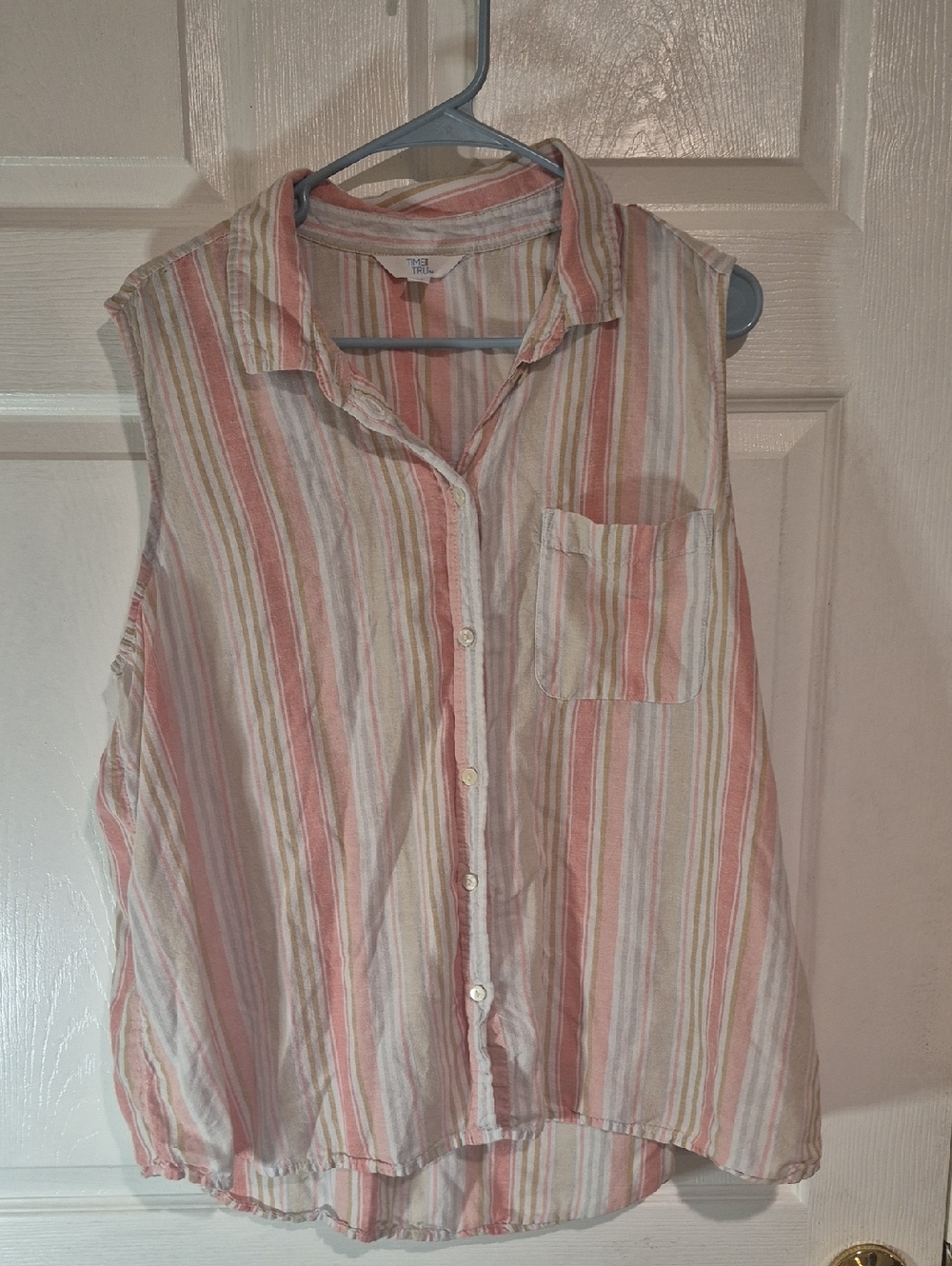 Time and Tru Pink and White Striped Sleeveless Button Front Top